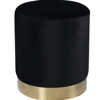 Svart cylinderformad sittpuff i mjuk sammet med guldfärgad metallbas i modernt rum