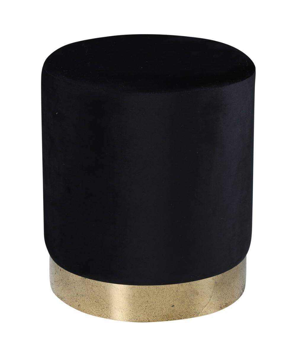 Svart cylinderformad sittpuff i mjuk sammet med guldfärgad metallbas i modernt rum