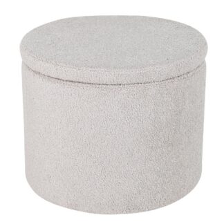Cylinderformad sittpuff Bellatrix i greige teddytyg med avtagbart lock och dold förvaring