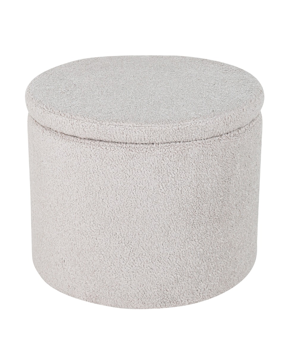 Cylinderformad sittpuff Bellatrix i greige teddytyg med avtagbart lock och dold förvaring