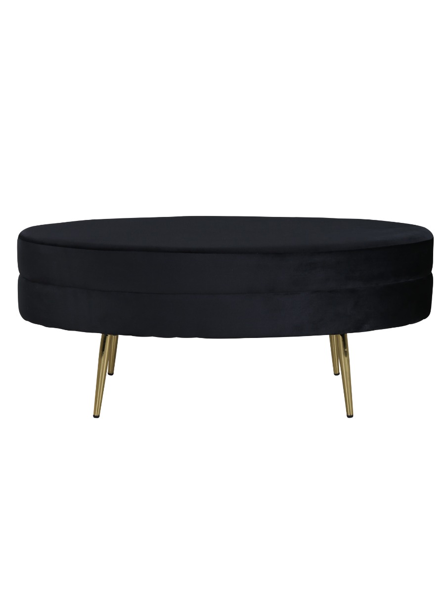 Oval svart sammet sittpuff med mässingsben i modern design
