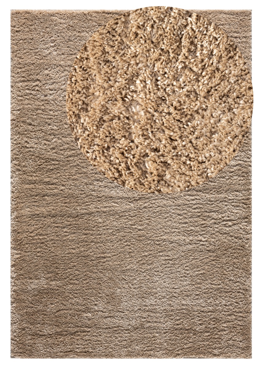 Extra tjock mjuk ryamatta i mörkbeige med fluffig yta i vardagsrumsmiljö