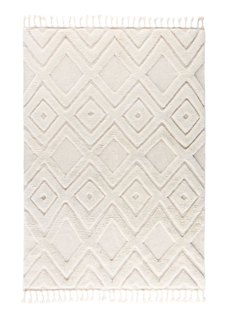 Vit ullmatta Vivaro med tjock struktur och handknutna vita fransar på golv