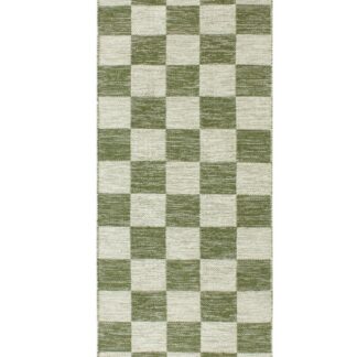 Handvävd grön ullmatta Webster med rutigt mönster på golv i vardagsrum