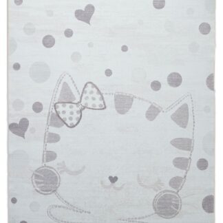 Mjukt krämfärgat barnmatta med lekfullt kittymotiv och 10 mm tjocklek