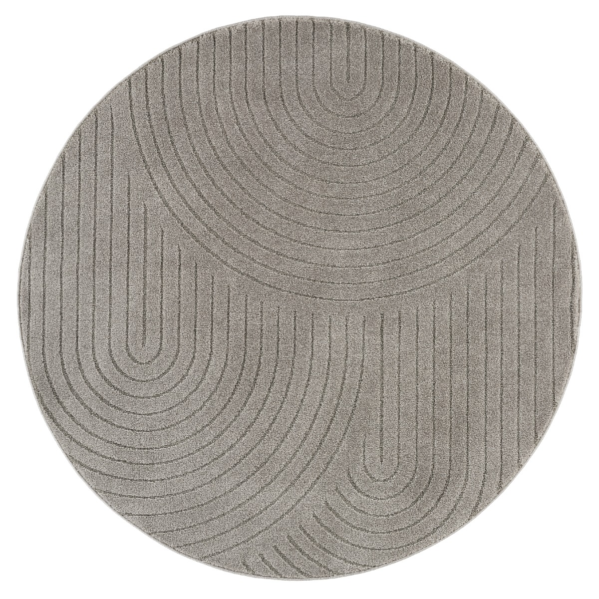 Rund Wiltonmatta Zara Bene i grå med high & low ZEN-mönster i ett modernt vardagsrum