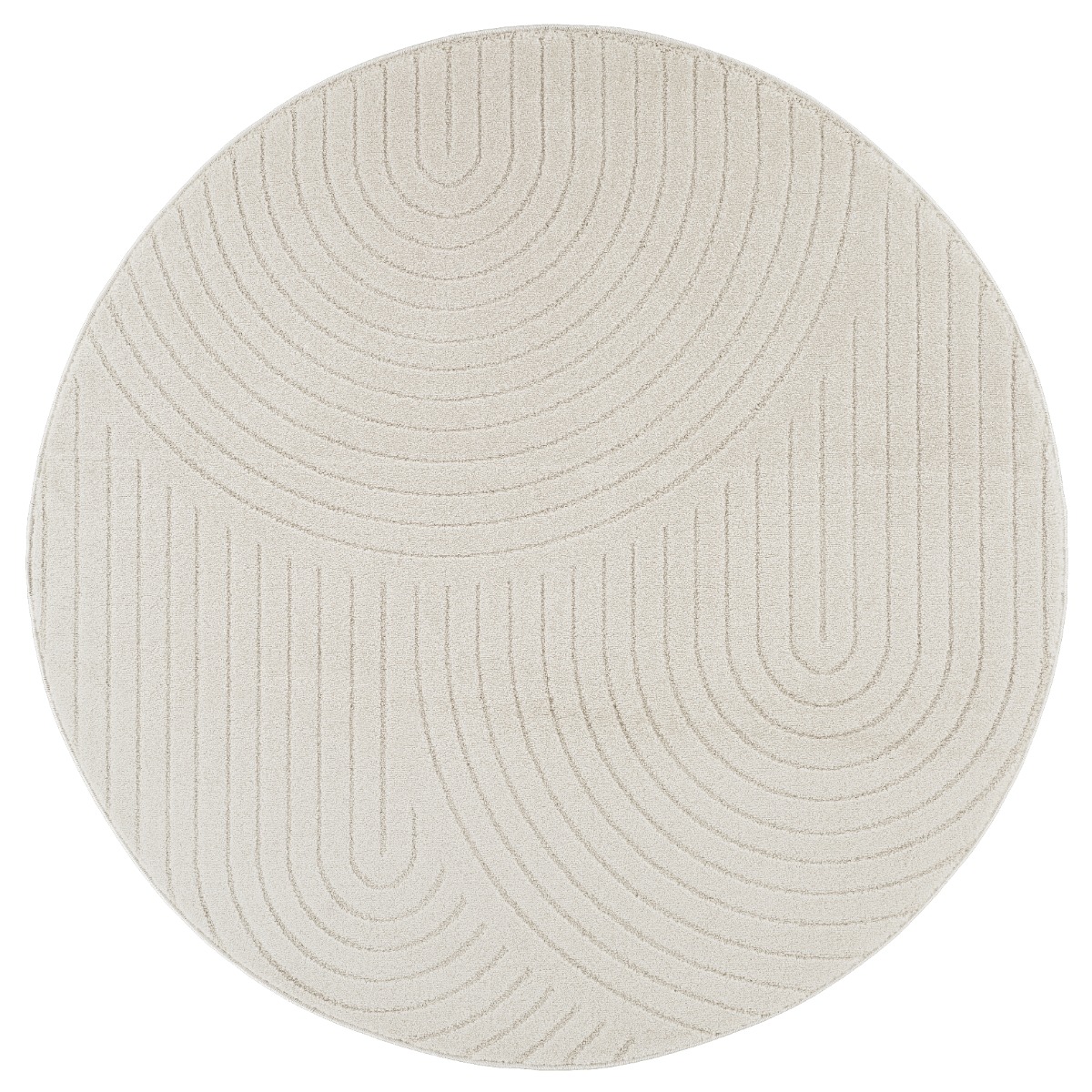Rund offwhite Wiltonmatta Zara Bene med subtilt Zen-mönster i modernt rum
