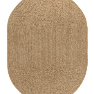 Beige oval polypropylenmatta med vävd struktur lämpad för både inomhus- och utomhusbruk