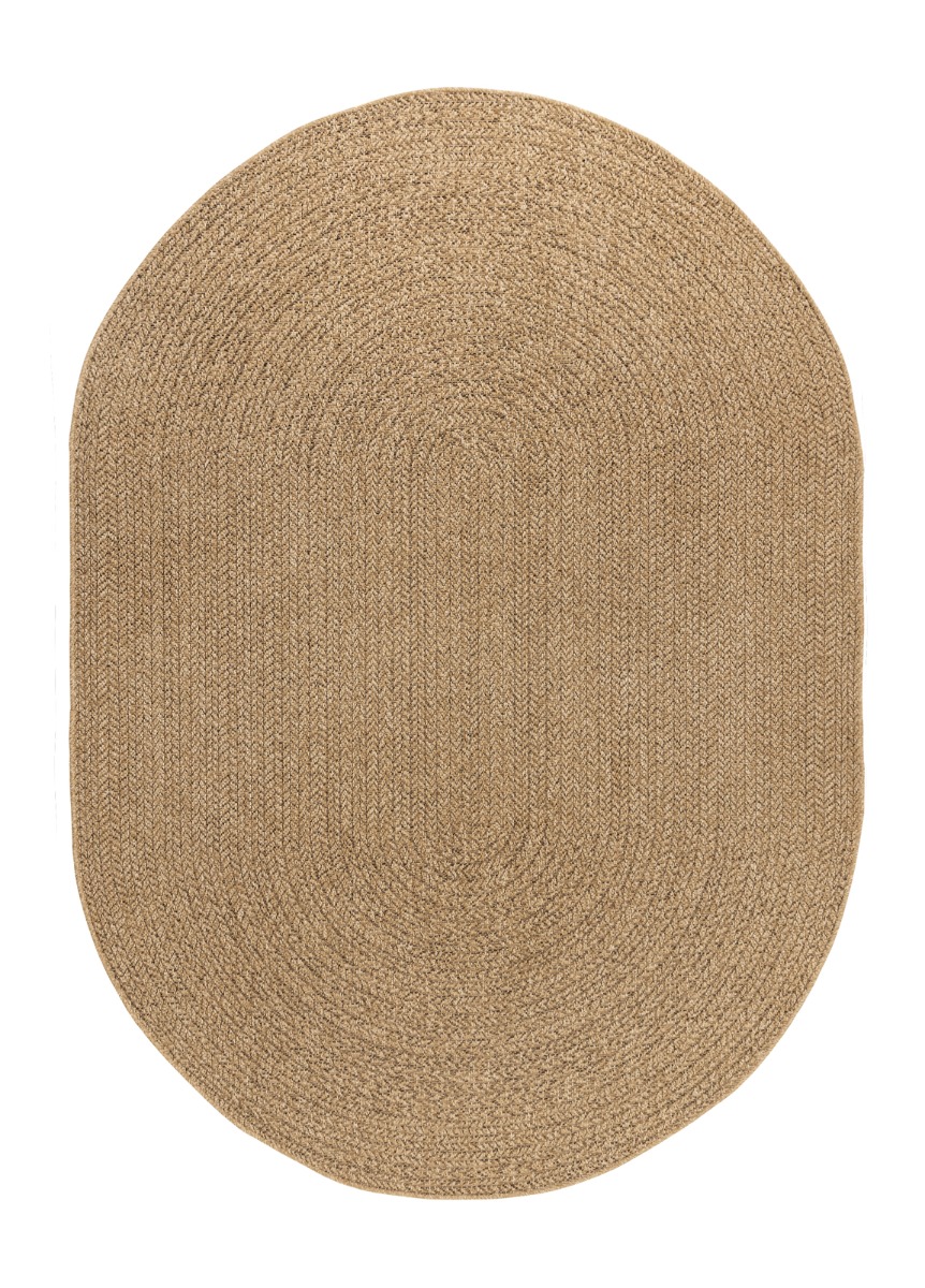 Beige oval polypropylenmatta med vävd struktur lämpad för både inomhus- och utomhusbruk