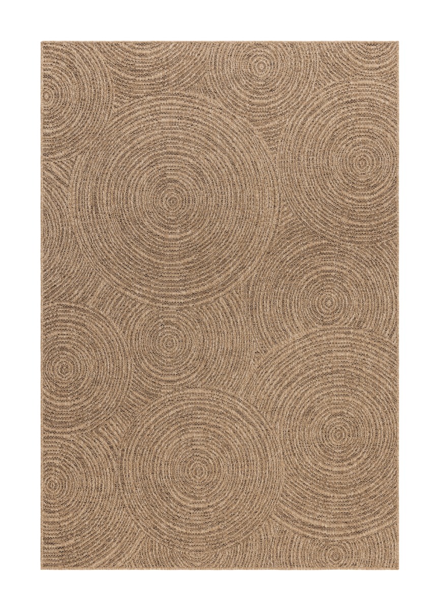 Beige Zon matta med vävd struktur för inomhus- och utomhusbruk, cirka 6 mm tjock, placerad på ljus golvyta