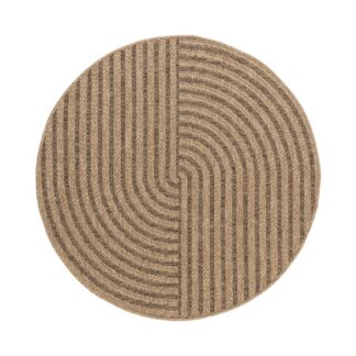 Rund beige matta i polypropylen för inomhus- och utomhusbruk med tålig vävd struktur och halkfri undersida
