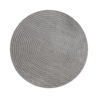 Grå rund matta i polypropylen med subtil vävstruktur, lämplig för inomhus- och utomhusbruk
