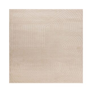 Santos Linne Kvadrat matta i linnefärg med grafiskt mönster och olika vävtekniker, placerad inomhus