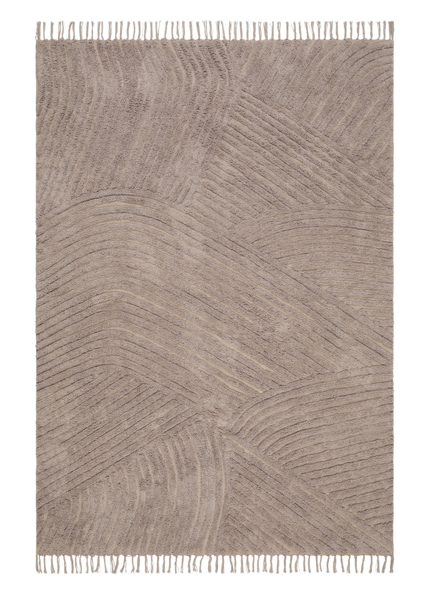 Handvävd Juno Dune bomullsmatta i linnefärg 200x300 cm med dekorativa fransar och vågigt mönster