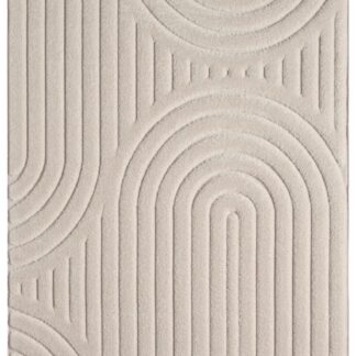 Beige ryamatta med tredimensionellt geometriskt mönster och jutebaksida för golvvärme